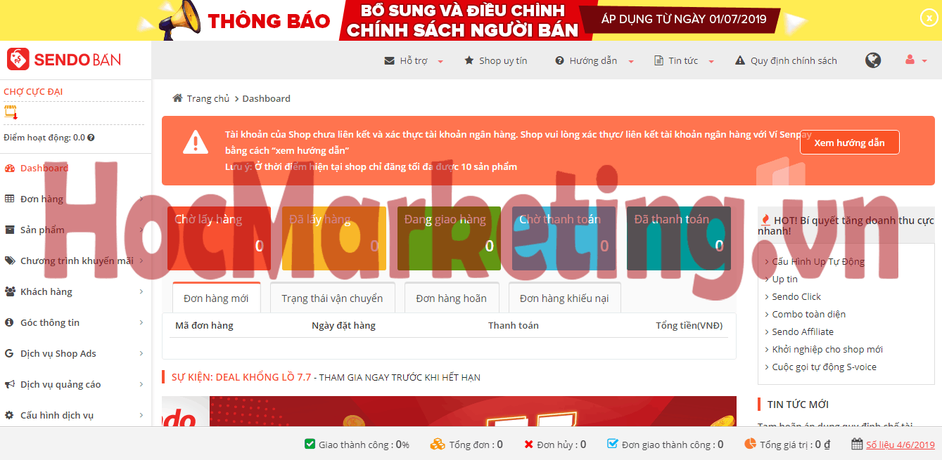 trang quản trị nhà bán hàng trên sendo