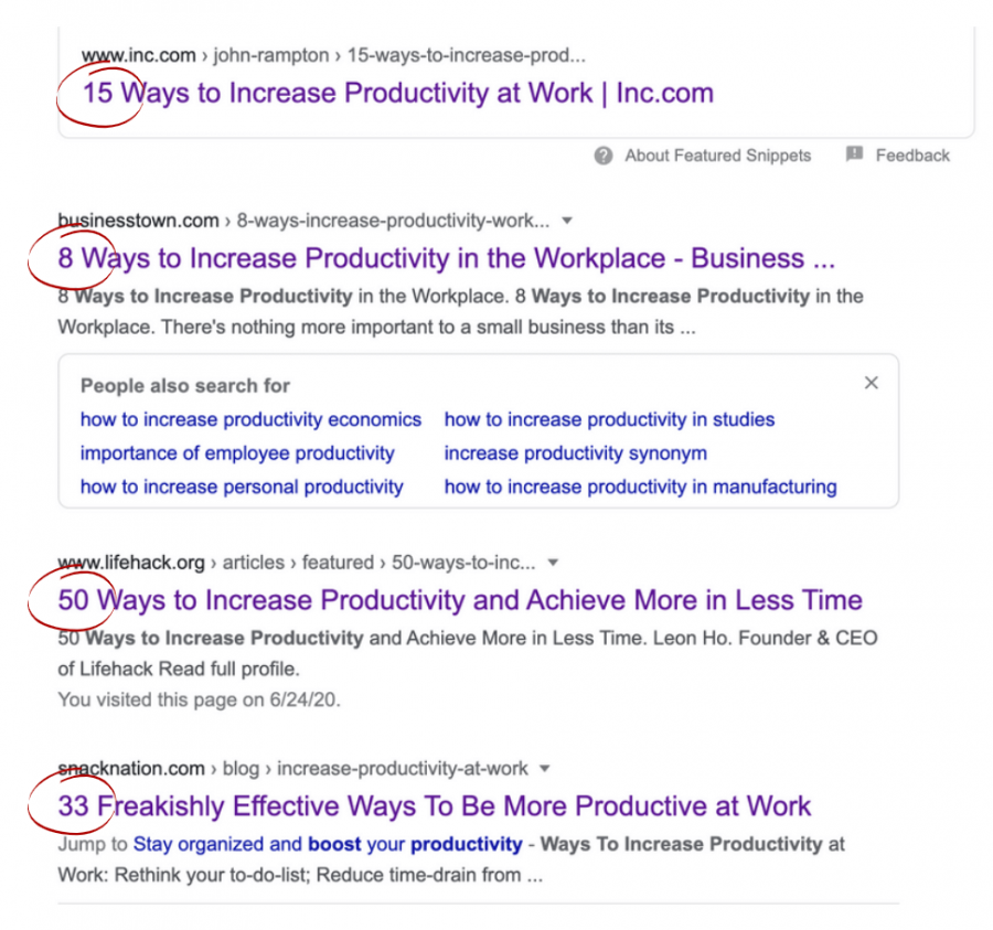 Các bài viết đứng top cho truy vấn “increase productivity" đều bắt đầu bằng một con số