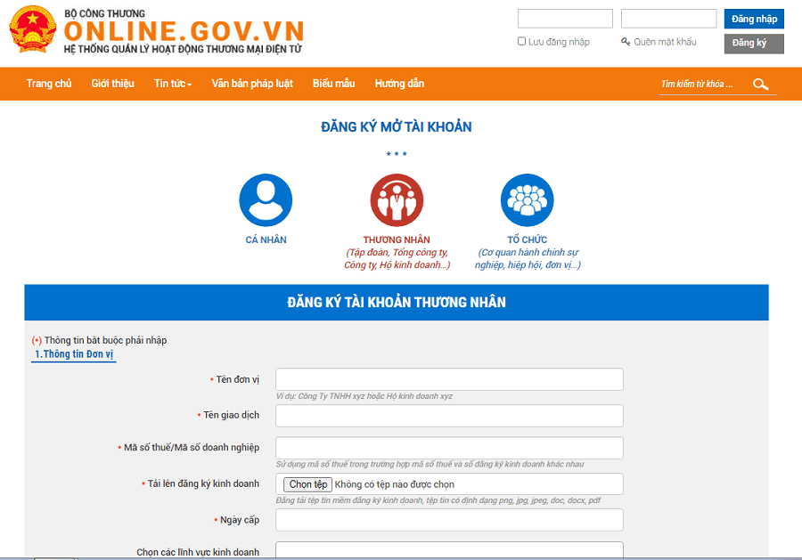 đăng ký website với bộ công thương