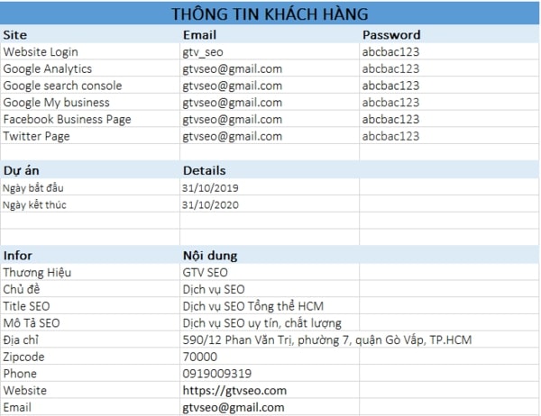 quy trình seo - bảng thông tin khách hàng